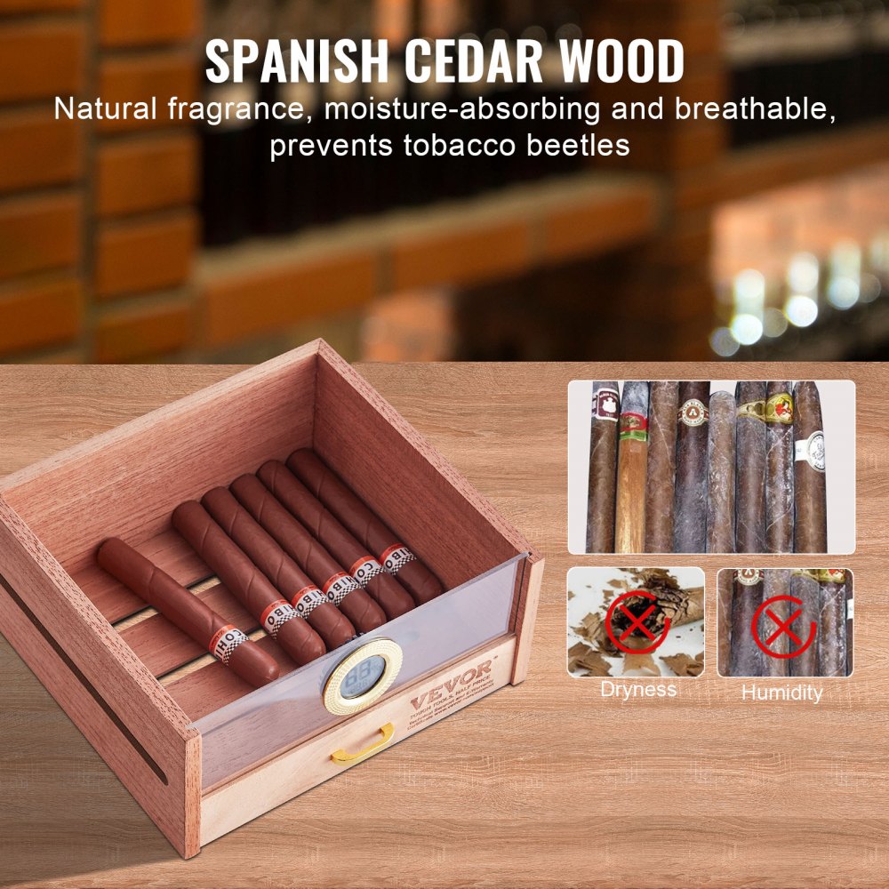 VEVOR Cigar Humidor Cabinet, Handmade Spanish Cedar Wood Cigar Humidor for 100-150 Cigars, Glass Cigar Desktop Storage Case with Digital Humidifier, Hygrometer, Shelves, and Handle, Great Gift for Men