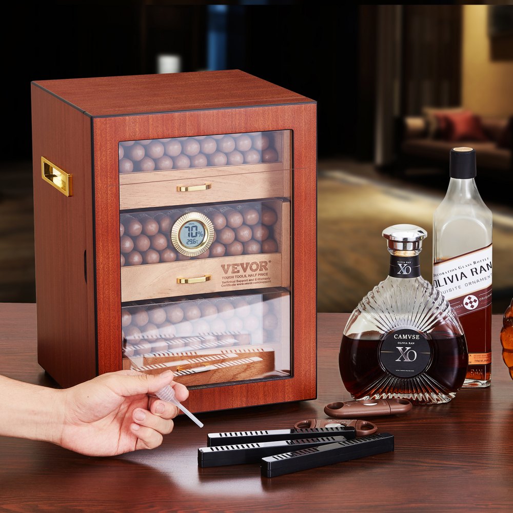 VEVOR Cigar Humidor Cabinet, Handmade Spanish Cedar Wood Cigar Humidor for 100-150 Cigars, Glass Cigar Desktop Storage Case with Digital Humidifier, Hygrometer, Shelves, and Handle, Great Gift for Men