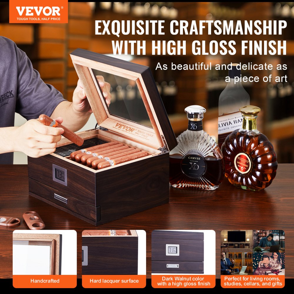 VEVOR Cigar Humidor, Glass Top Cigar Humidor Box, Handmade Spanish Cedar Wood Cigar Desktop Box, Cigar Storage Case with Humidifier, Hygrometer, Divider and Accessory Drawer, 30-50 Cigars