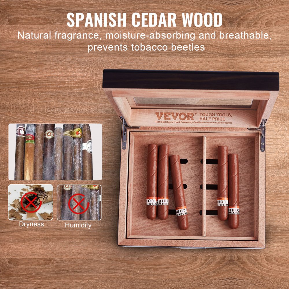 VEVOR Cigar Humidor, Glass Top Cigar Humidor Box, Handmade Spanish Cedar Wood Cigar Desktop Box, Cigar Storage Case with Humidifier, Hygrometer, Divider and Accessory Drawer, 30-50 Cigars