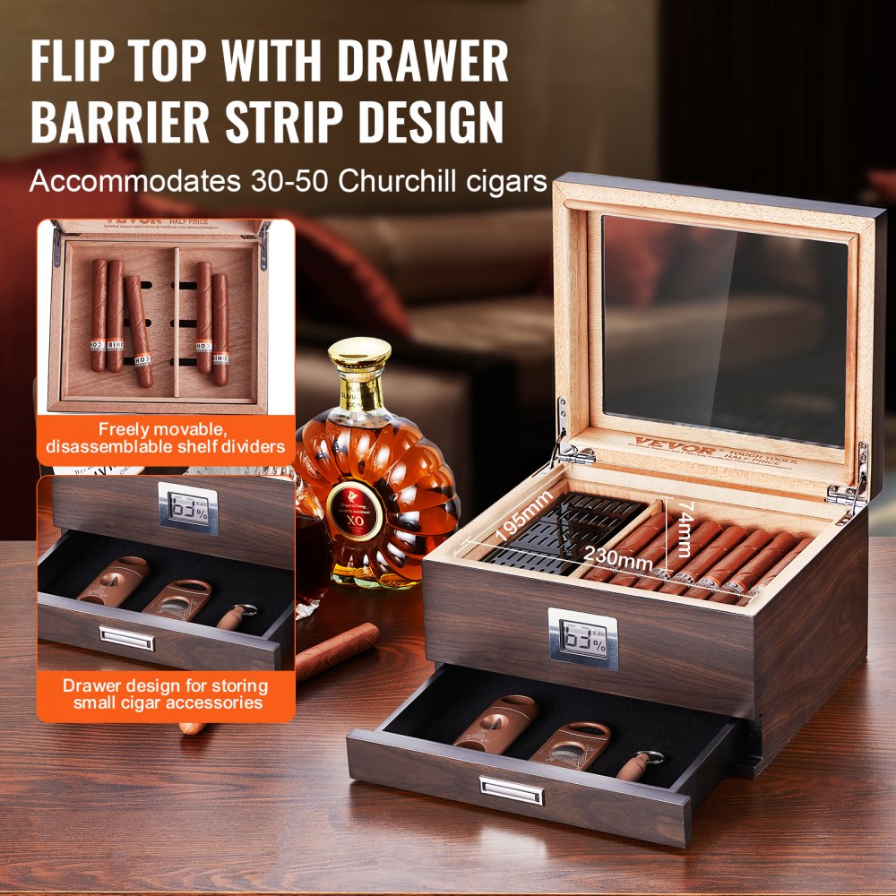 VEVOR Cigar Humidor, Glass Top Cigar Humidor Box, Handmade Spanish Cedar Wood Cigar Desktop Box, Cigar Storage Case with Humidifier, Hygrometer, Divider and Accessory Drawer, 30-50 Cigars