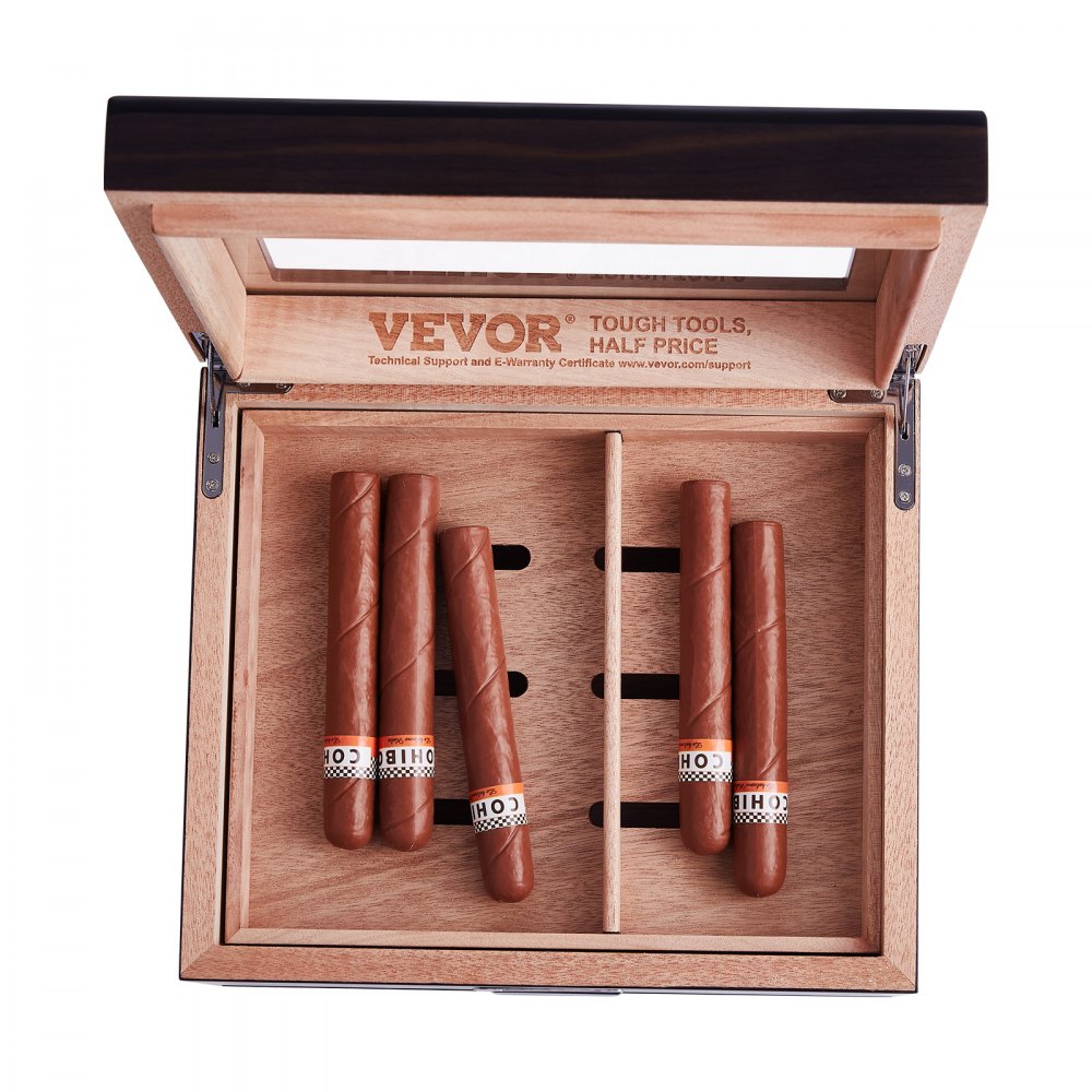 VEVOR Cigar Humidor, Glass Top Cigar Humidor Box, Handmade Spanish Cedar Wood Cigar Desktop Box, Cigar Storage Case with Humidifier, Hygrometer, Divider and Accessory Drawer, 30-50 Cigars