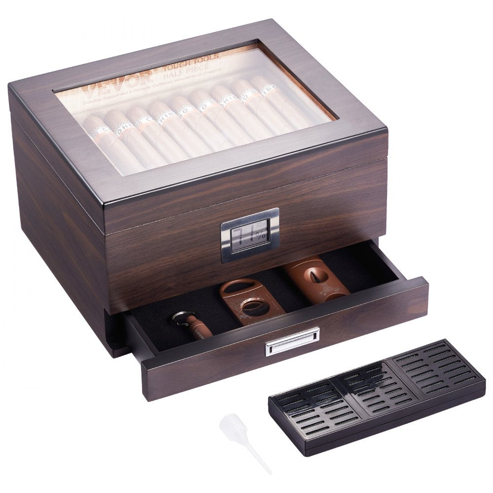 VEVOR Cigar Humidor, Glass Top Cigar Humidor Box, Handmade Spanish Cedar Wood Cigar Desktop Box, Cigar Storage Case with Humidifier, Hygrometer, Divider and Accessory Drawer, 30-50 Cigars