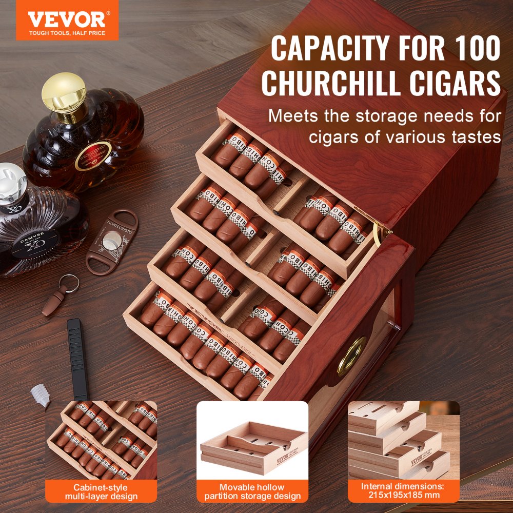 VEVOR Cigar Humidor Cabinet, Handmade Spanish Cedar Wood Cigar Humidor for 50-100 Cigars, Glass Cigar Desktop Storage Case with Digital Humidifier, Hygrometer and Shelves, Great Gift for Men