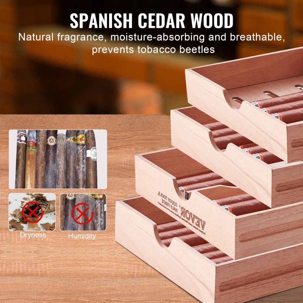 VEVOR Cigar Humidor Cabinet, Handmade Spanish Cedar Wood Cigar Humidor for 50-100 Cigars, Glass Cigar Desktop Storage Case with Digital Humidifier, Hygrometer and Shelves, Great Gift for Men