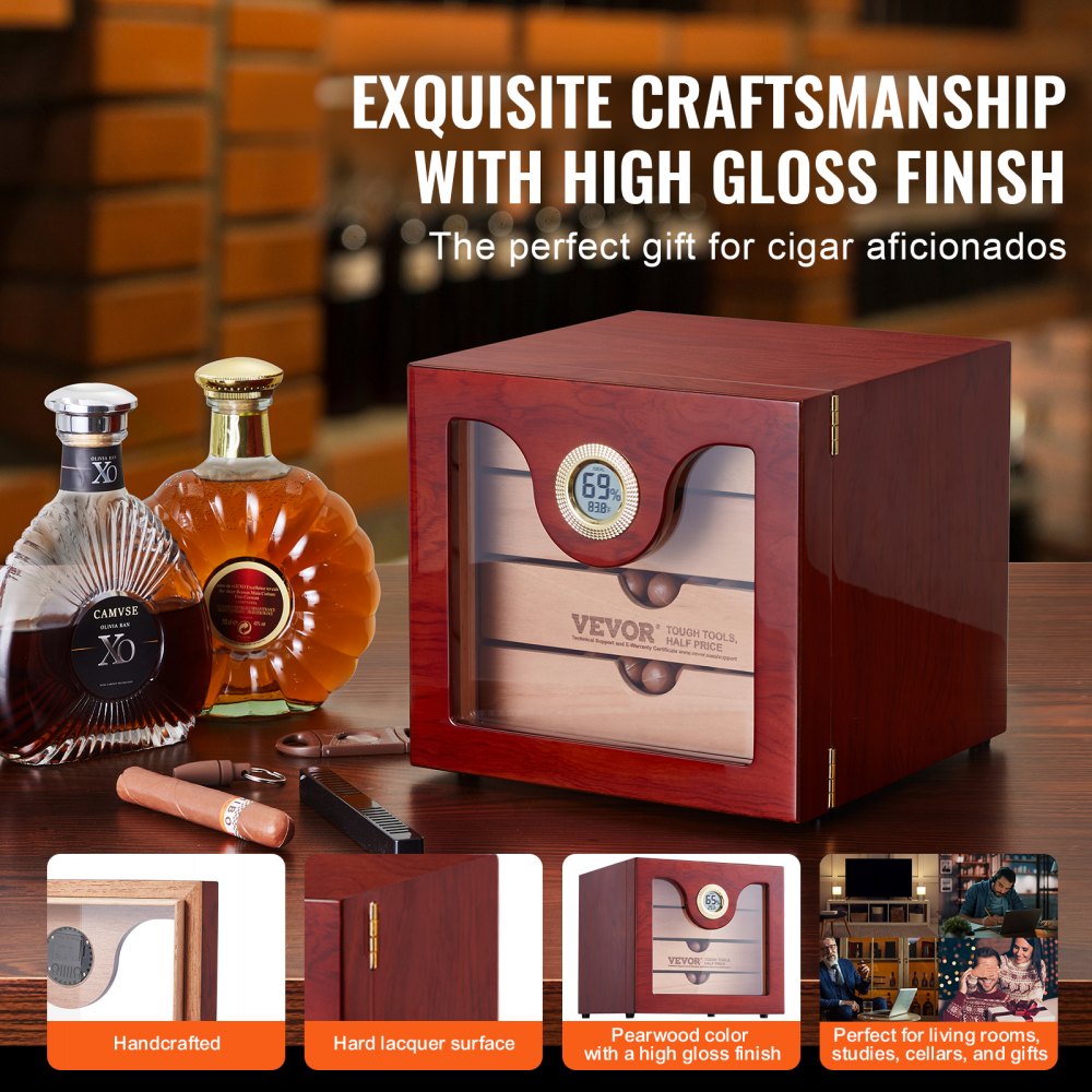 VEVOR Cigar Humidor Cabinet, Handmade Spanish Cedar Wood Cigar Humidor for 50-100 Cigars, Glass Cigar Desktop Storage Case with Digital Humidifier, Hygrometer and Shelves, Great Gift for Men