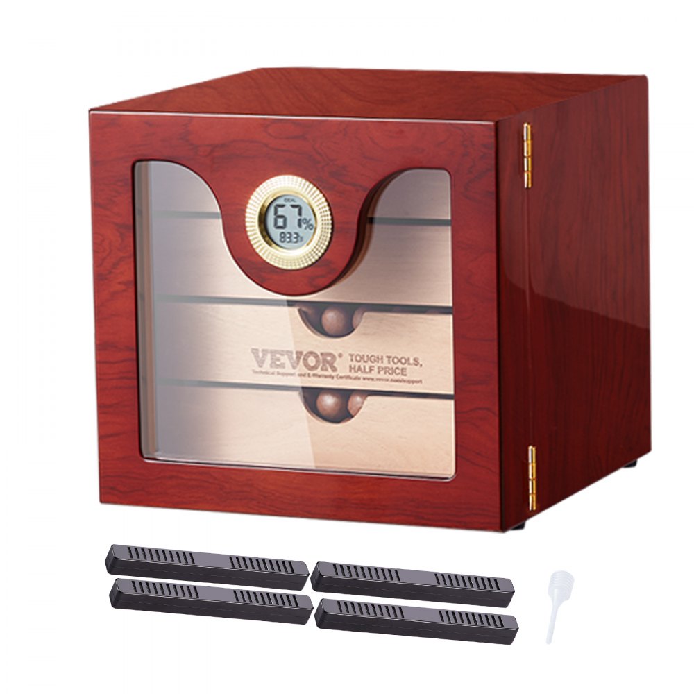 VEVOR Cigar Humidor Cabinet, Handmade Spanish Cedar Wood Cigar Humidor for 50-100 Cigars, Glass Cigar Desktop Storage Case with Digital Humidifier, Hygrometer and Shelves, Great Gift for Men