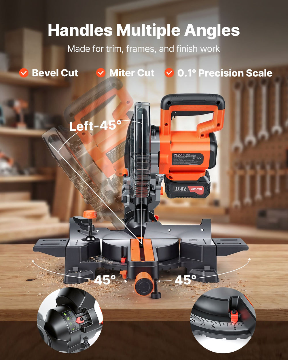 VEVOR Sliding Compound Miter Saw, 7-1/4 inch Blade, DC 18.5V Cordless Miter Saw, with LED Precision Alignment, Adjustable Angles, Battery and Charger Included, for Cutting Wood, Metals, Laminates