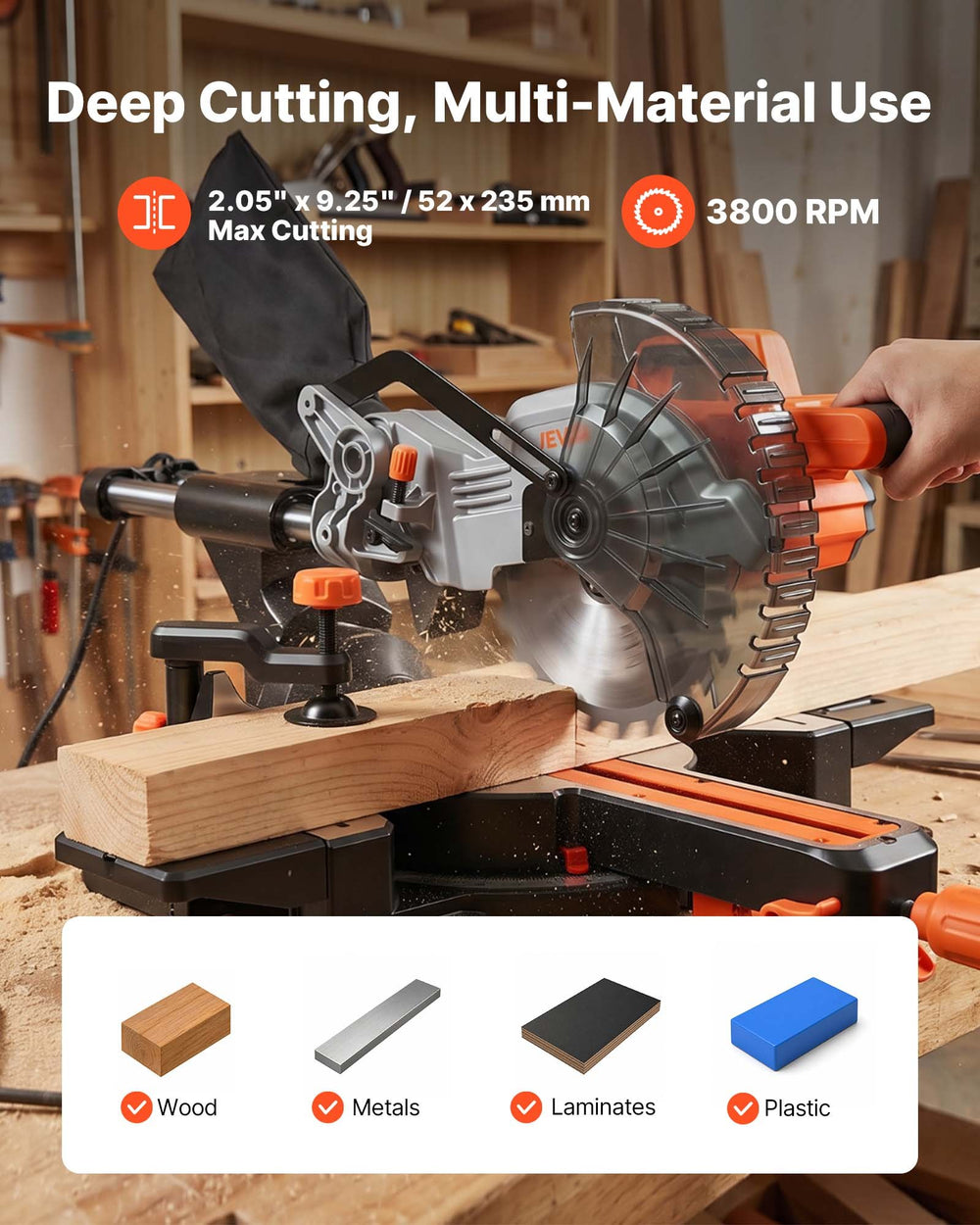 VEVOR Sliding Compound Miter Saw, 7-1/4 inch Blade, DC 18.5V Cordless Miter Saw, with LED Precision Alignment, Adjustable Angles, Battery and Charger Included, for Cutting Wood, Metals, Laminates