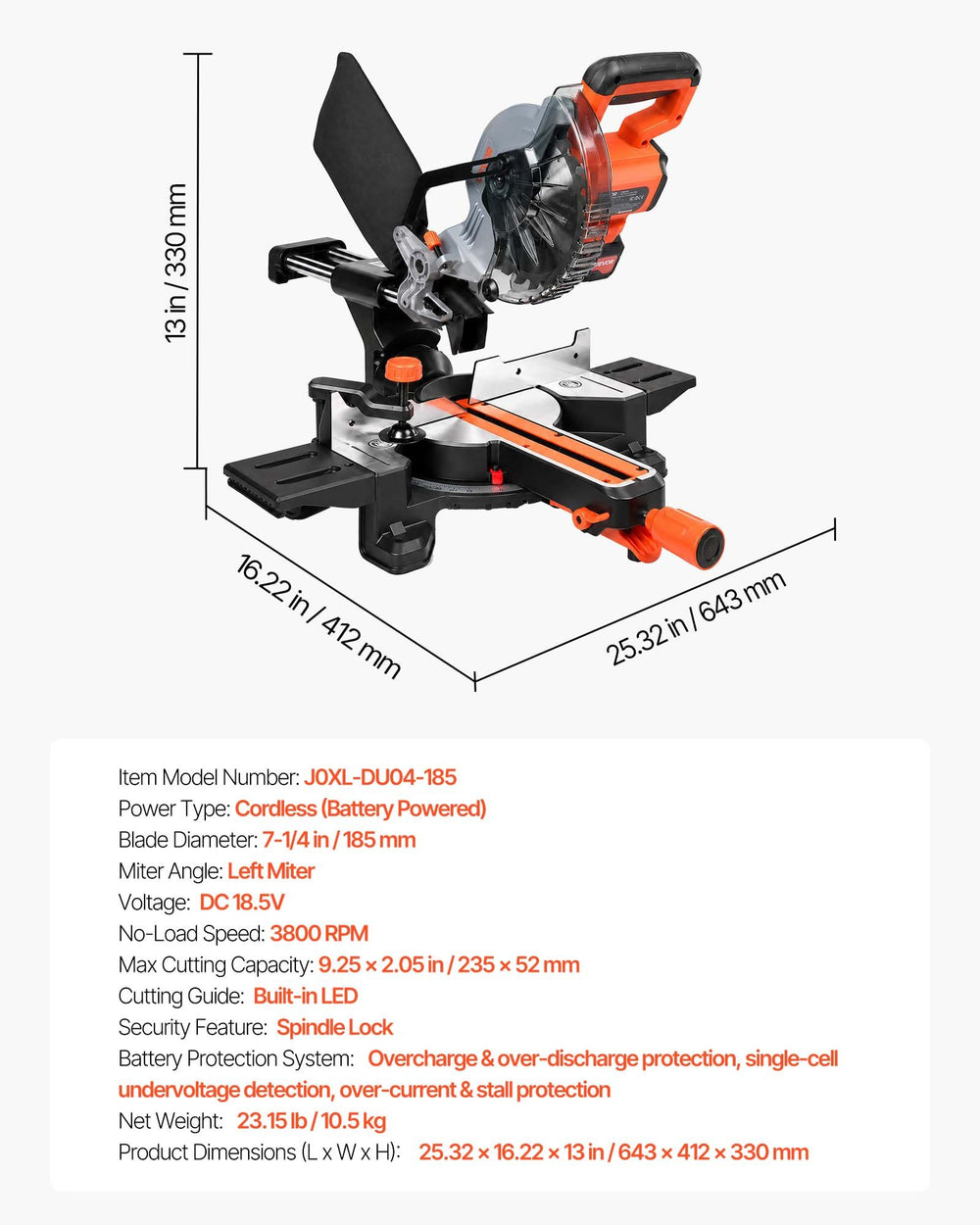 VEVOR Sliding Compound Miter Saw, 7-1/4 inch Blade, DC 18.5V Cordless Miter Saw, with LED Precision Alignment, Adjustable Angles, Battery and Charger Included, for Cutting Wood, Metals, Laminates