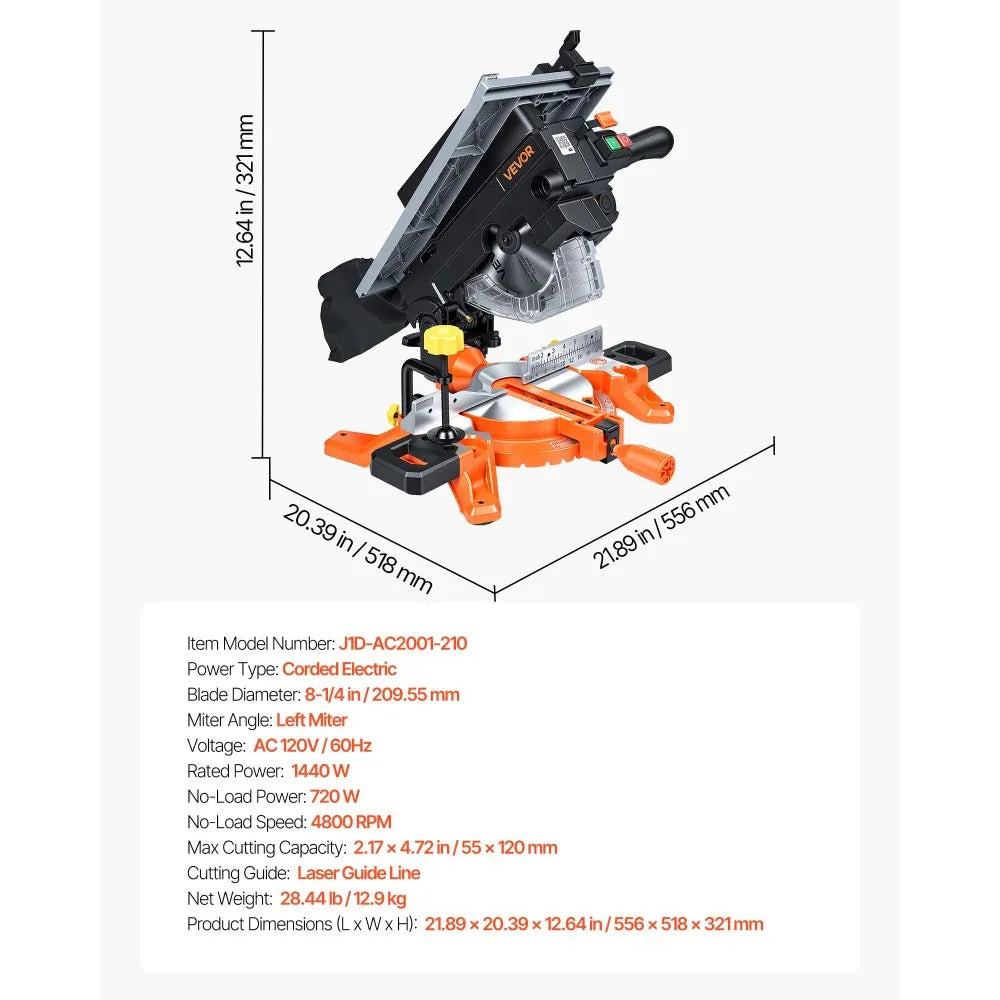 VEVOR Compound Miter Saw, 8-1/4 inch Blade, 2-in-1 Miter/Table Saw, with Precision Laser Alignment, Adjustable Angles, 4800 RPM, with Splash Guard, for Cutting Wood, Metals, Laminates, and Plastic