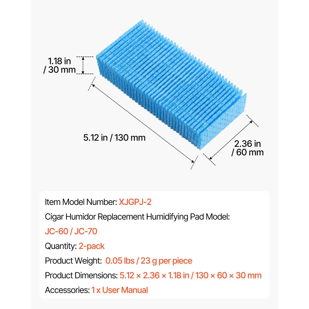 VEVOR Humidifier Replacement Filter, 2 Packs Humidifying Pad Compatible with JC-60/JC-70 Cigar Humidor Water Tank, 3D Multi-Layer Honeycomb Mesh, Cigar Flavor Preservation, Cut-to-Fit for Your Humidor