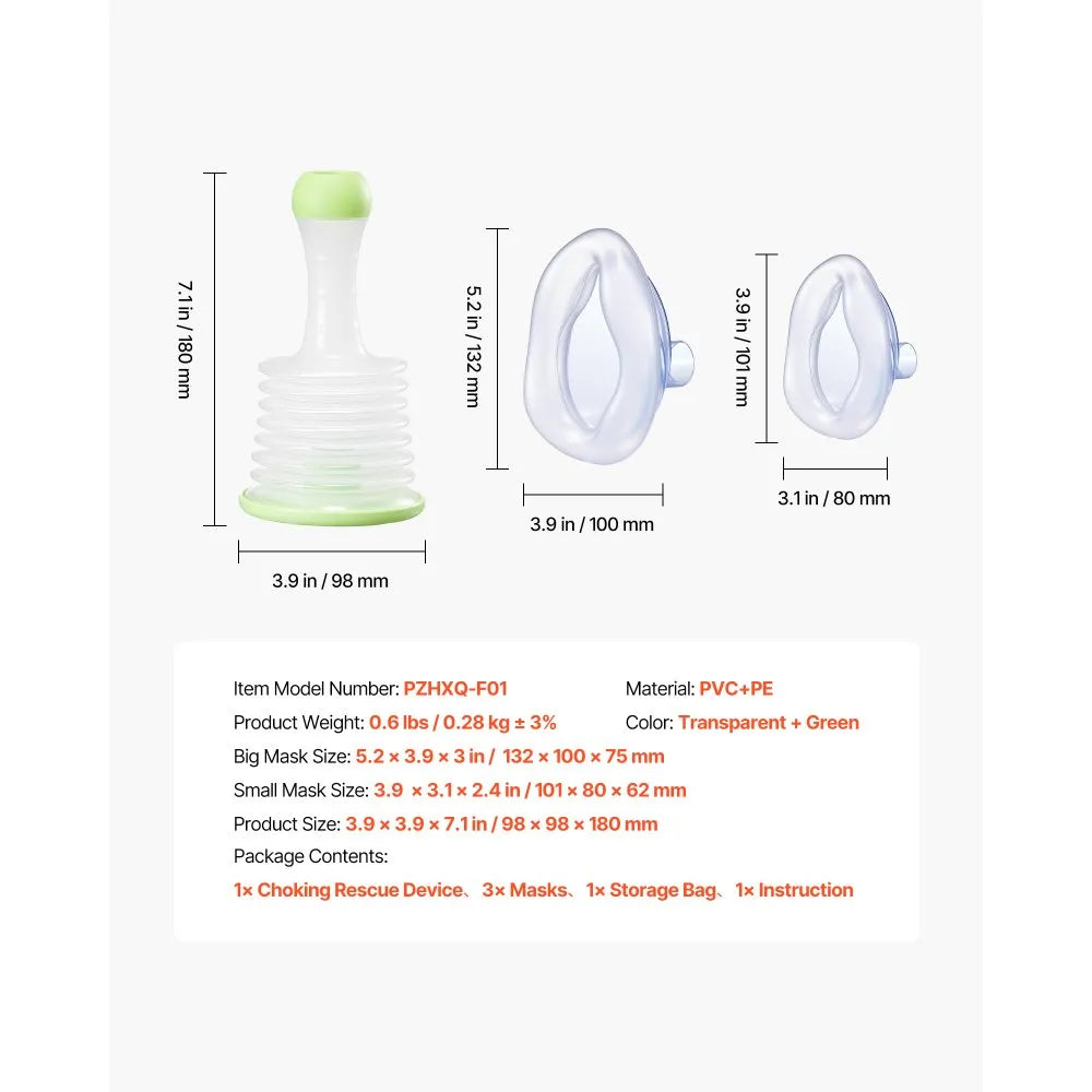 VEVOR Choking Rescue Device, Portable Airway Clear Anti Choking Suction Device with 3 Multi-size Masks and 1 Storage Bag, First Aid Kit for Removing Blocked Objects, for Home, School, Travel