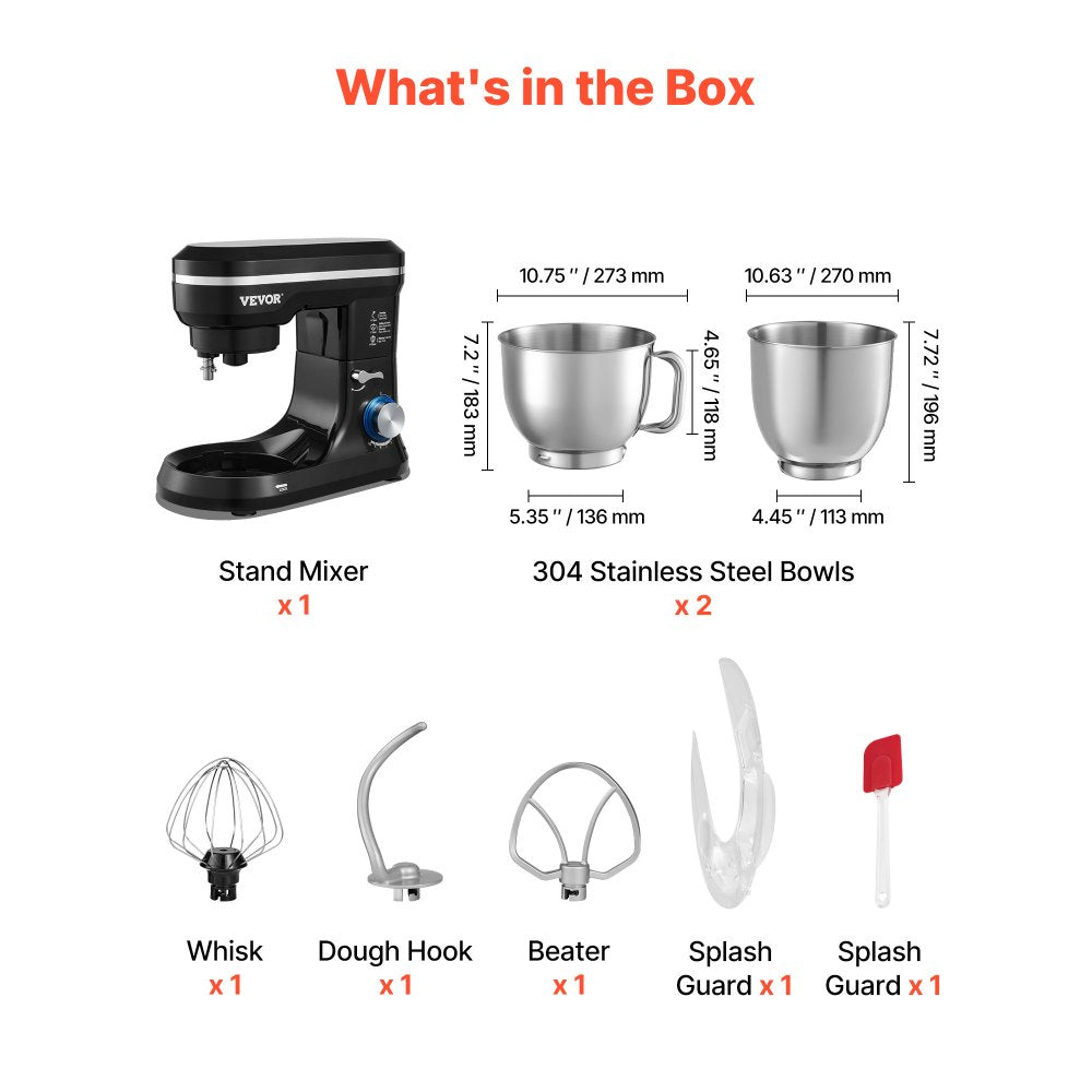 VEVOR Stand Mixer, 5.3QT + 4.4QT Two Stainless Steel Bowls, 10+P Speeds Tilt-head Food Mixer, Kitchen Mixer with Dough Hook, Wire Whip, Beater, Scraper, Household Stand Mixer for Baking Mixing, Black