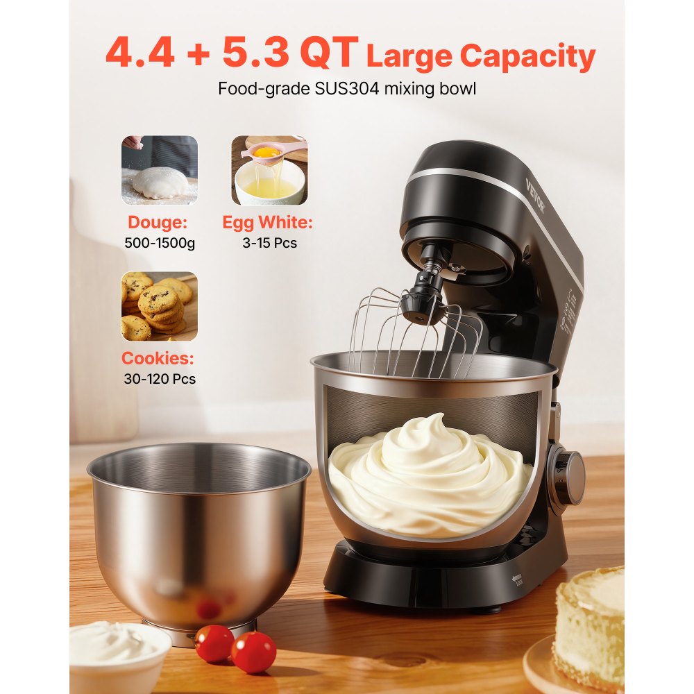 VEVOR Stand Mixer, 5.3QT + 4.4QT Two Stainless Steel Bowls, 10+P Speeds Tilt-head Food Mixer, Kitchen Mixer with Dough Hook, Wire Whip, Beater, Scraper, Household Stand Mixer for Baking Mixing, Black