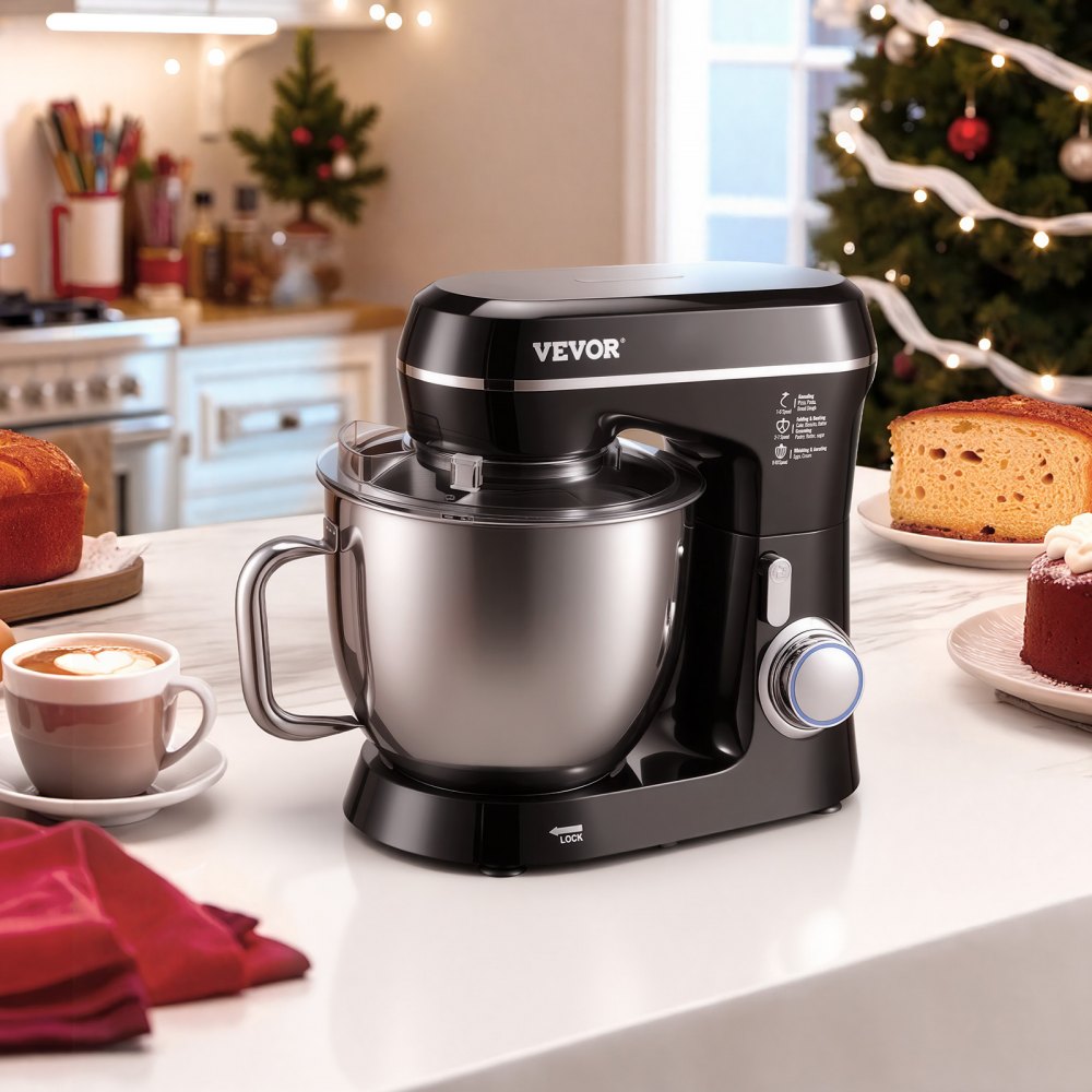 VEVOR Stand Mixer, 5.3QT + 4.4QT Two Stainless Steel Bowls, 10+P Speeds Tilt-head Food Mixer, Kitchen Mixer with Dough Hook, Wire Whip, Beater, Scraper, Household Stand Mixer for Baking Mixing, Black