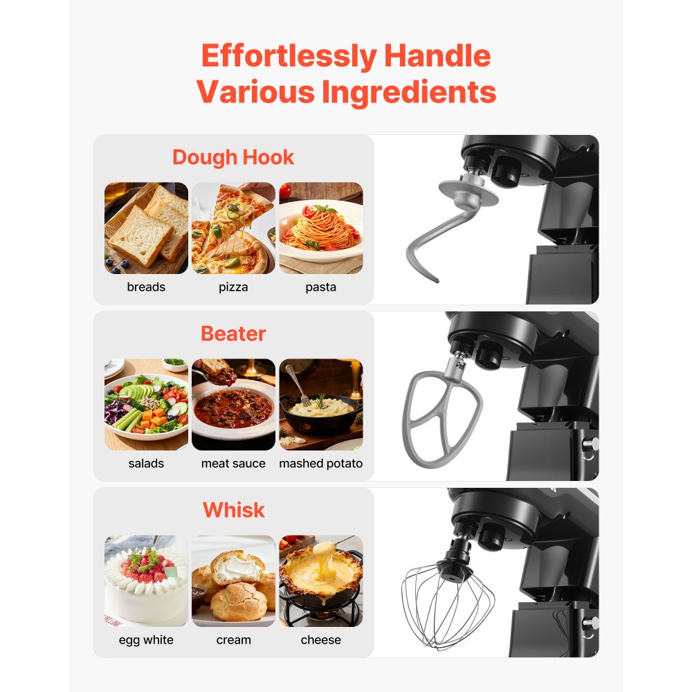 VEVOR Stand Mixer, 5QT Dough Mixer, 10+P Speeds Tilt-head Food Mixer, Kitchen Mixer with Stainless Steel Bowl, Dough Hook, Wire Whip, Beater, Scraper, Household Stand Mixer for Baking Mixing, Black
