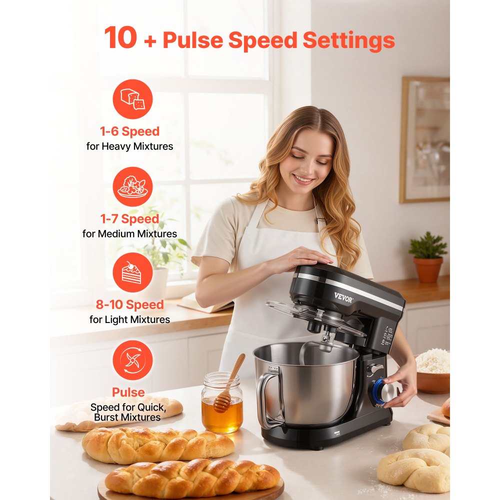 VEVOR Stand Mixer, 5QT Dough Mixer, 10+P Speeds Tilt-head Food Mixer, Kitchen Mixer with Stainless Steel Bowl, Dough Hook, Wire Whip, Beater, Scraper, Household Stand Mixer for Baking Mixing, Black