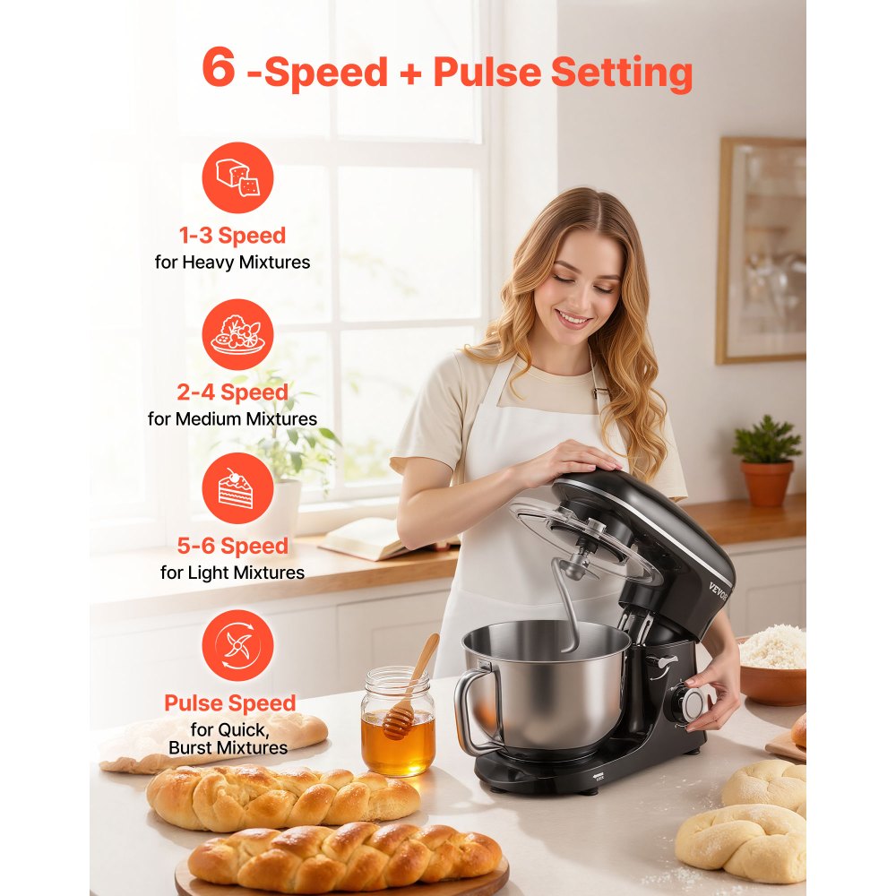 VEVOR Stand Mixer, 6 QT Dough Mixer, 660W 6 + P Speeds Tilt-head Food Mixer with Stainless Steel Bowl, Dough Hook, Wire Whip, Flat Beater, Scraper,Household Stand Mixer for Baking & Mixing, Black