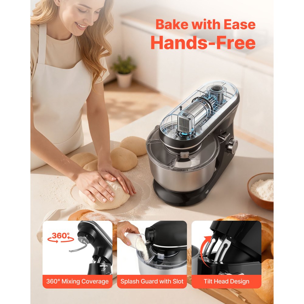 VEVOR Stand Mixer, 6 QT Dough Mixer, 660W 6 + P Speeds Tilt-head Food Mixer with Stainless Steel Bowl, Dough Hook, Wire Whip, Flat Beater, Scraper,Household Stand Mixer for Baking & Mixing, Black