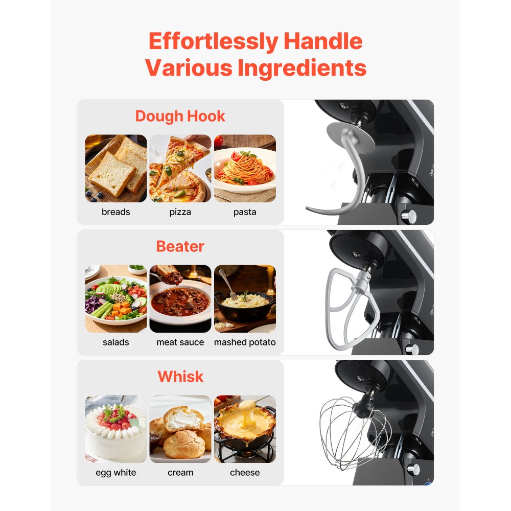 VEVOR Stand Mixer, 8.3QT Dough Mixer, 660W 6+P Speeds Tilt-head Food Mixer with Stainless Steel Bowl, Dough Hook, Wire Whip, Flat Beater, Scraper, Household Stand Mixer for Baking & Mixing, Black