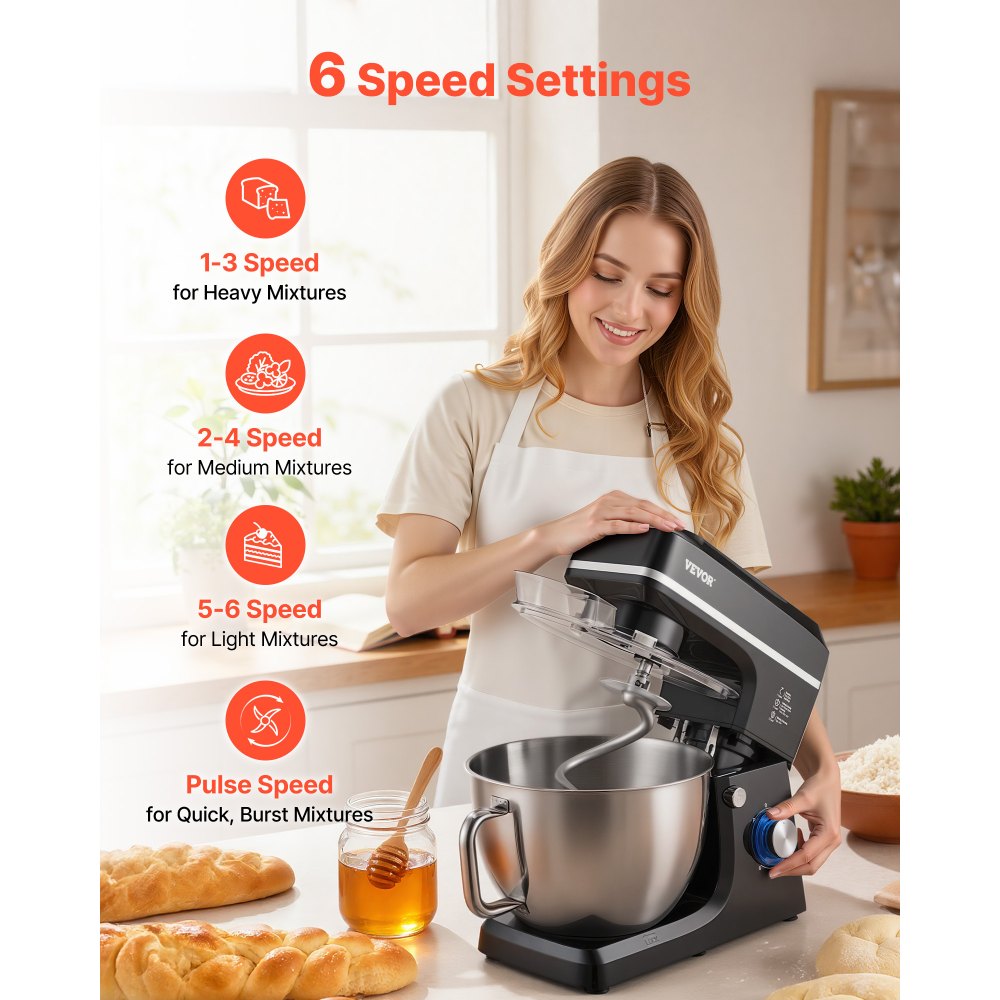 VEVOR Stand Mixer, 8.3QT Dough Mixer, 660W 6+P Speeds Tilt-head Food Mixer with Stainless Steel Bowl, Dough Hook, Wire Whip, Flat Beater, Scraper, Household Stand Mixer for Baking & Mixing, Black