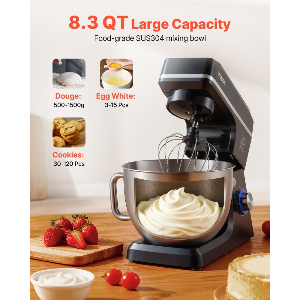 VEVOR Stand Mixer, 8.3QT Dough Mixer, 660W 6+P Speeds Tilt-head Food Mixer with Stainless Steel Bowl, Dough Hook, Wire Whip, Flat Beater, Scraper, Household Stand Mixer for Baking & Mixing, Black