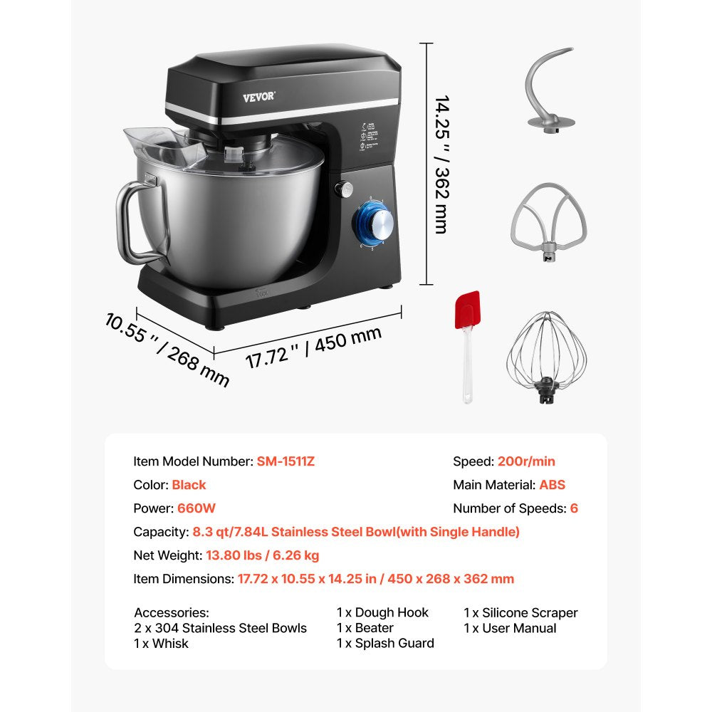 VEVOR Stand Mixer, 8.3QT Dough Mixer, 660W 6+P Speeds Tilt-head Food Mixer with Stainless Steel Bowl, Dough Hook, Wire Whip, Flat Beater, Scraper, Household Stand Mixer for Baking & Mixing, Black