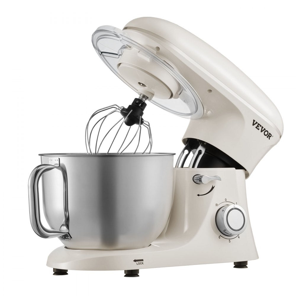 VEVOR Stand Mixer, 6 QT Dough Mixer, 660W 6 + P Speeds Tilt-head Food Mixer with Stainless Steel Bowl, Dough Hook, Wire Whip, Flat Beater, Scraper, Household Stand Mixer for Baking & Mixing, White