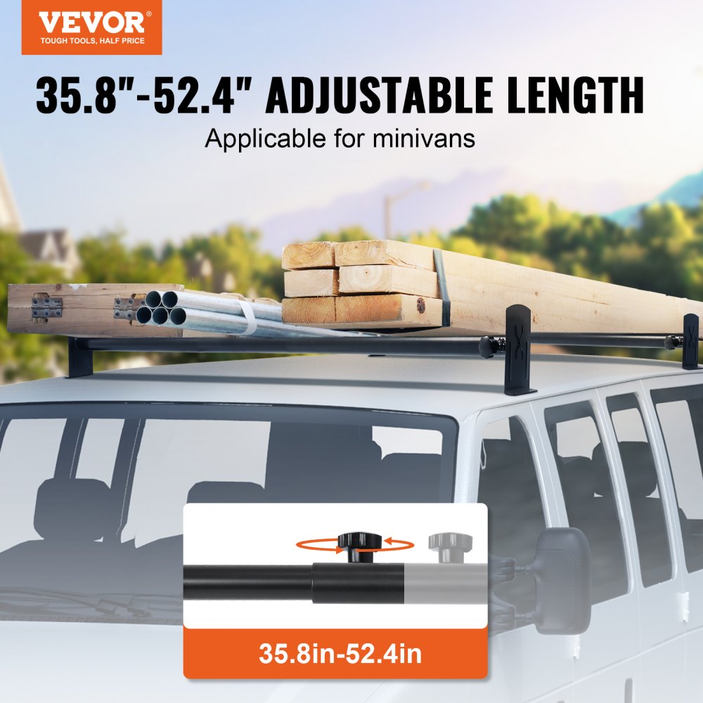 VEVOR Van Roof Ladder Rack, 2 Bars Alloy Steel Roof Racks, 500 LBS Capacity Roof Rack, Adjustable Length 35.8"-52.4", Van Ladder Rack Compatible with Chevrolet Express, GMC Savana, etc, Drilling Mount