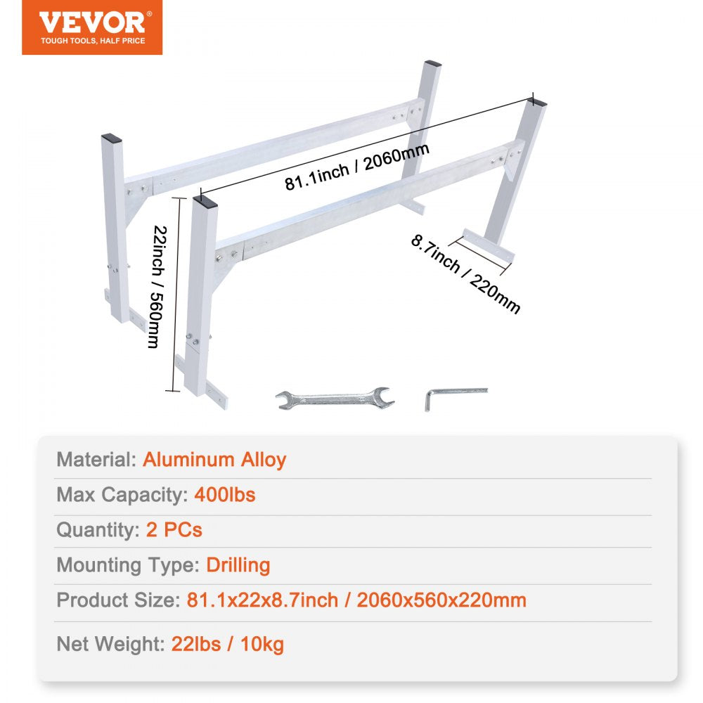 VEVOR Van Roof Ladder Rack, 2 Bars Aluminum Alloy Roof Ladder Racks, 400 LBS Capacity Rain-Gutter Van Roof Rack, Adjustable Length 51.2" to 81.1", Van Ladder Rack for Van, Cargo, Trailer