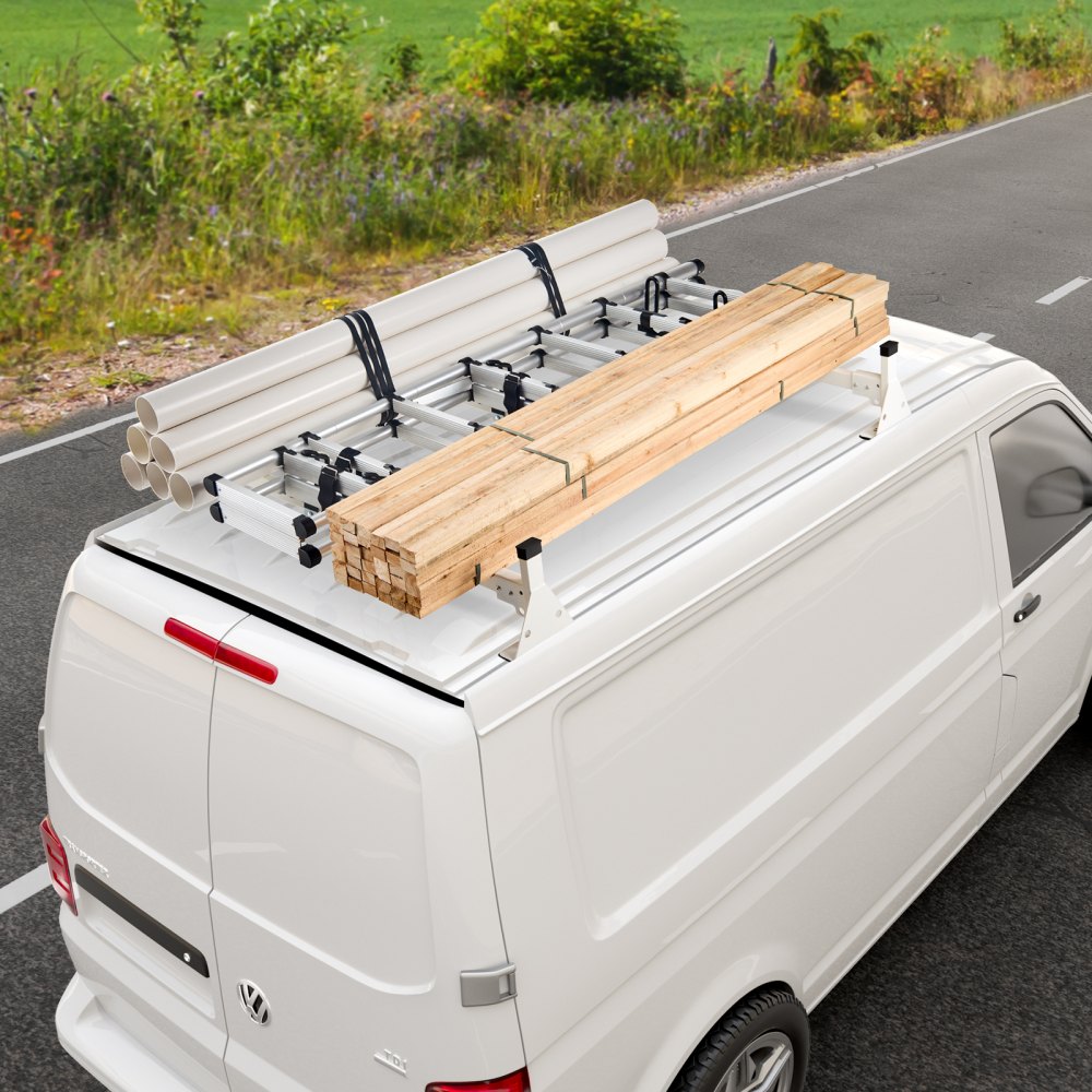 VEVOR Trailer Ladder Rack, 54" 2 Crossbars Ladder Roof Rack, Heavy-duty Steel Van Roof Ladder Rack, 600 lbs Capacity Van Ladder Rack with Straps, Fit for Ford Transit 150, 250, 350, 2015-2022