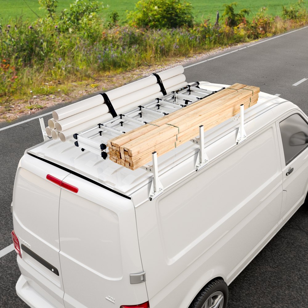VEVOR Trailer Ladder Rack, 59" Adjustable Roof Rack, 3 Crossbars Van Roof Ladder Rack with Straps, 800 lbs Capacity Steel, Fit for Chevrolet Express 1500 2500 3500/ Ford E150 E250 E350/ GMC Savana