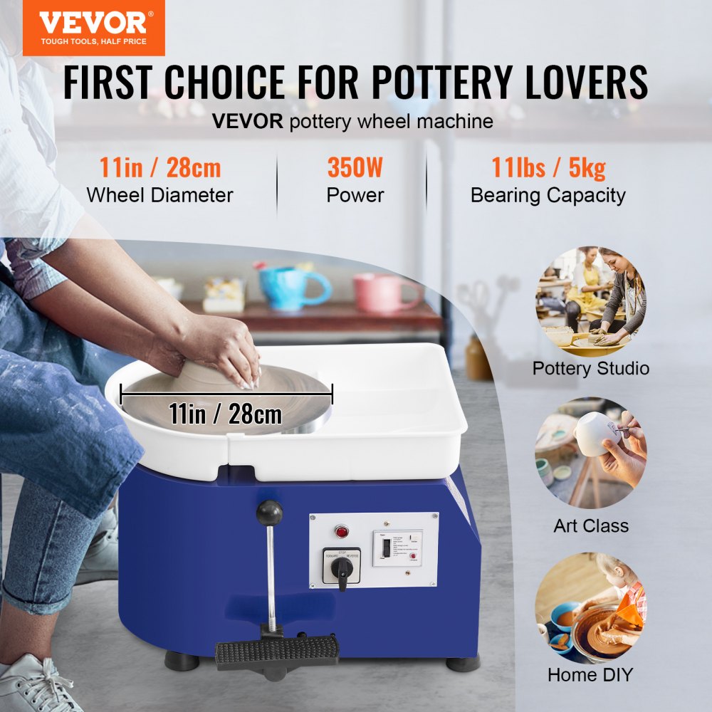 VEVOR Pottery Wheel, 350W, 11 in Clay Wheel Forming Machine, 60-300 RPM Adjustable Speed with Handle and Pedal Control, ABS Detachable Basin, Accessory Kit for Adults and Beginners Craft DIY, Blue