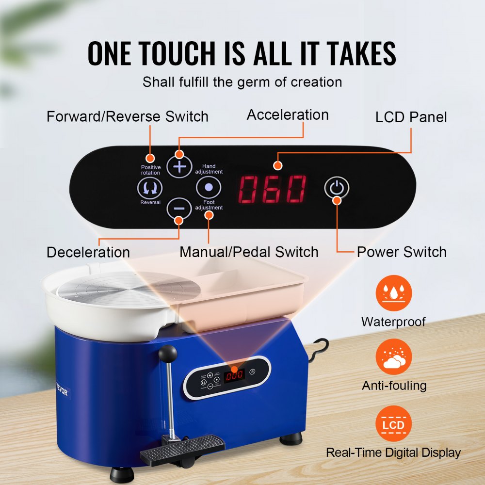 VEVOR Pottery Wheel, 450W, For Adults and Beginners, 11in Clay Wheel Machine,  Adjustable 60-300RPM Speed Handle and Pedal, ABS Detachable Basin, Accessory Kit for Craft DIY, LCD Touch Screen, Blue