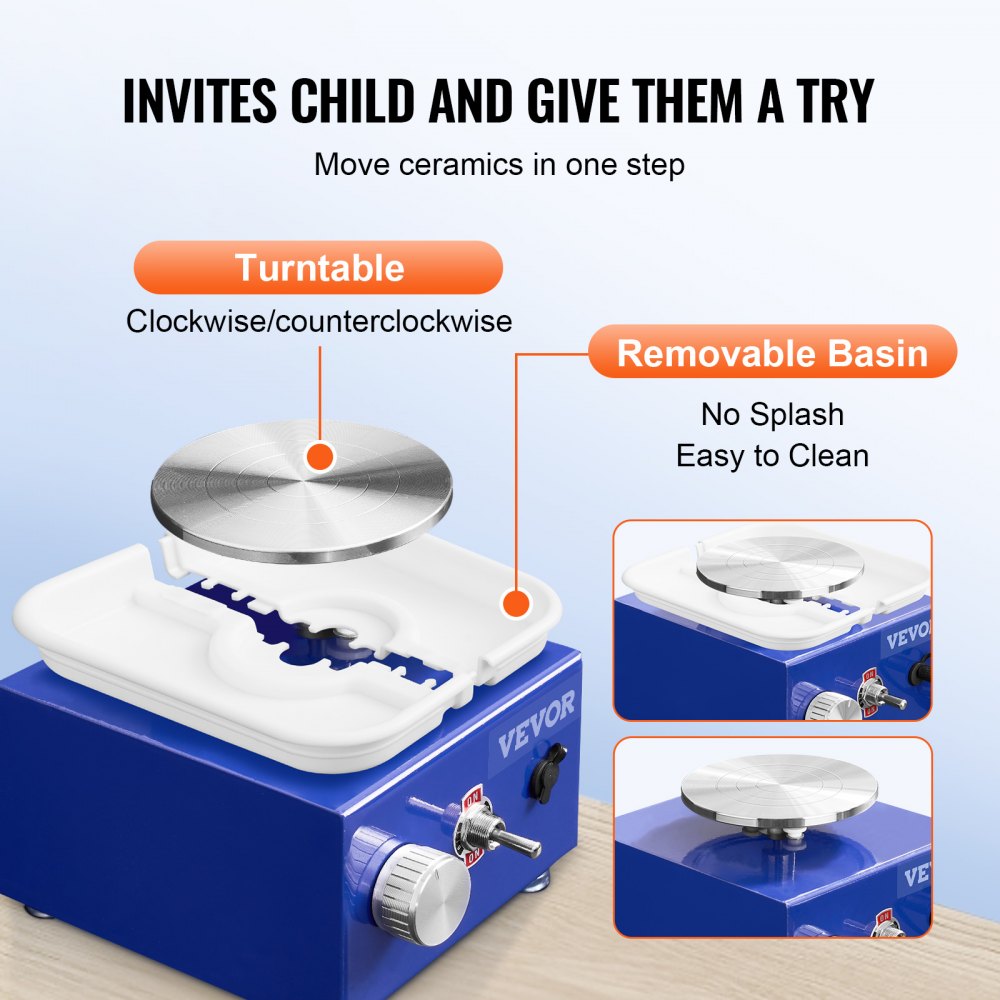 VEVOR Mini Pottery Wheel, for Kids or Beginners, 2 Turntables 2.6in/3.9in Ceramic Wheel Machine, Adjustable 0-300RPM Speed ABS Detachable Basin, 17 Pottery Accessories, Work Art Craft DIY, 30W, Blue