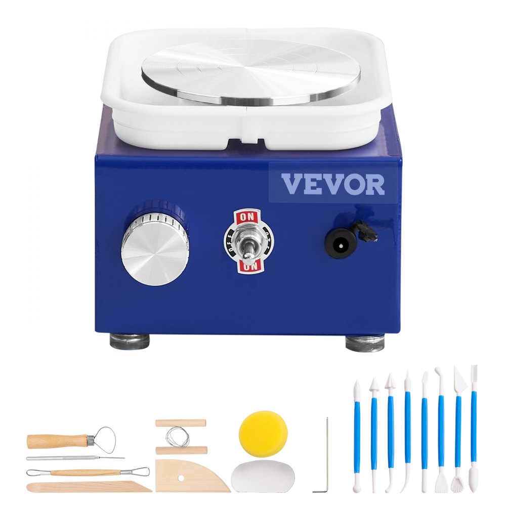VEVOR Mini Pottery Wheel, for Kids or Beginners, 2 Turntables 2.6in/3.9in Ceramic Wheel Machine, Adjustable 0-300RPM Speed ABS Detachable Basin, 17 Pottery Accessories, Work Art Craft DIY, 30W, Blue