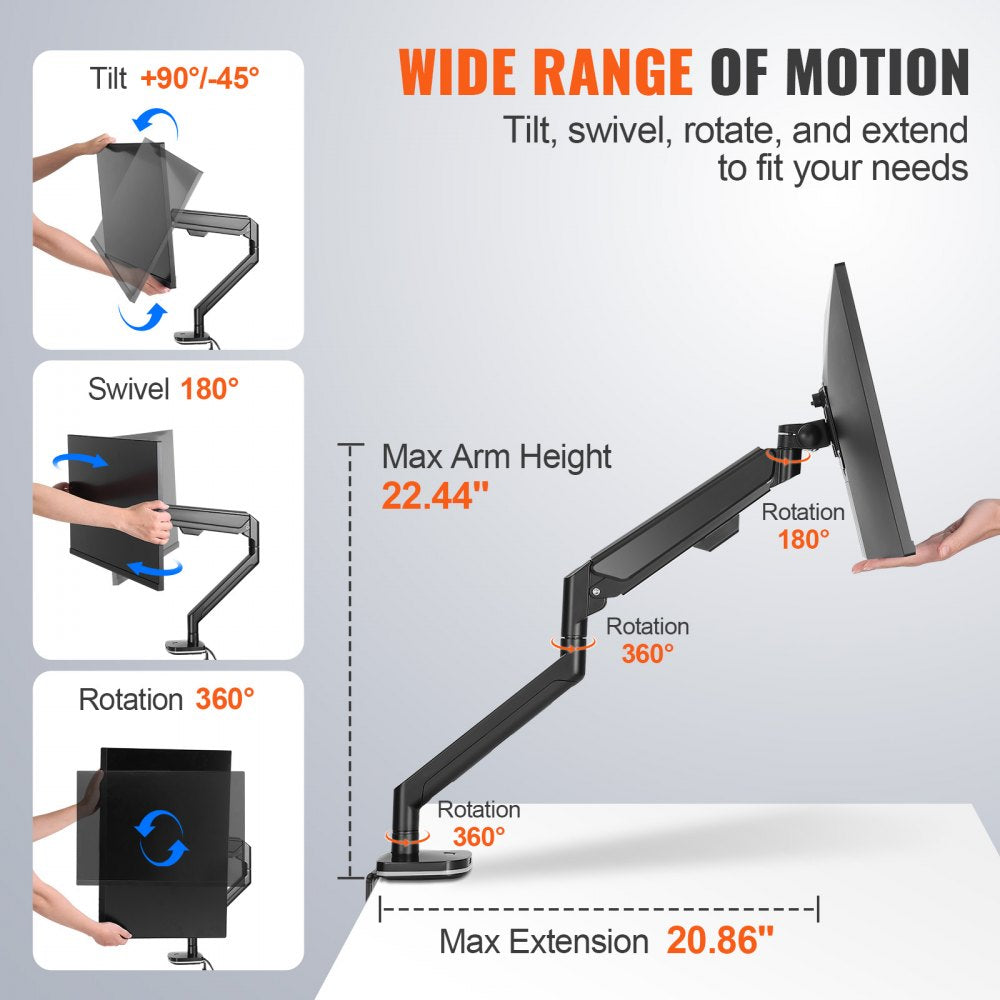 VEVOR Single Monitor Mount with USB, Supports 13"-35" Screen, Adjustable Gas Spring Monitor Arm, Holds up to 26.4 lbs, Monitor Arm Desk Mount with C-Clamp/Grommet Mounting Base, VESA Mount 75/100mm