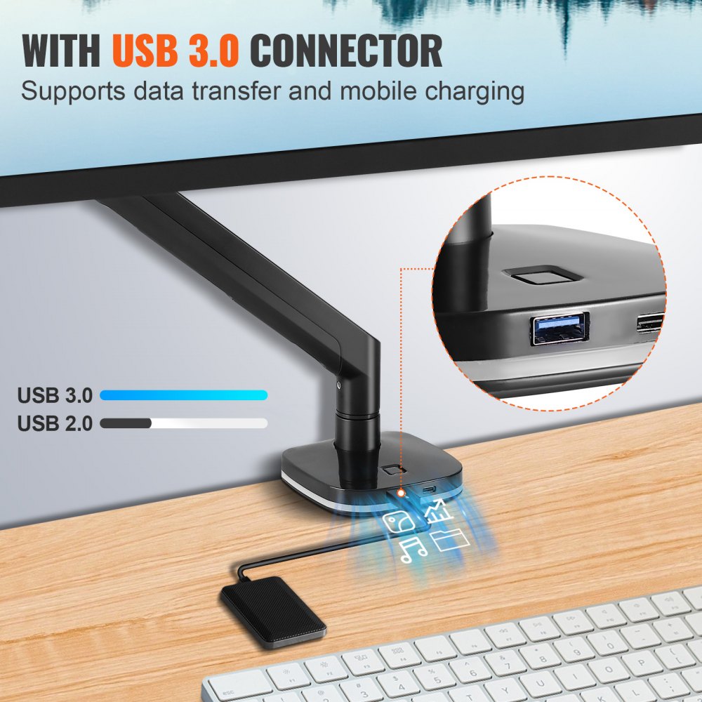 VEVOR Single Monitor Mount with USB, Supports 13"-35" Screen, Adjustable Gas Spring Monitor Arm, Holds up to 26.4 lbs, Monitor Arm Desk Mount with C-Clamp/Grommet Mounting Base, VESA Mount 75/100mm