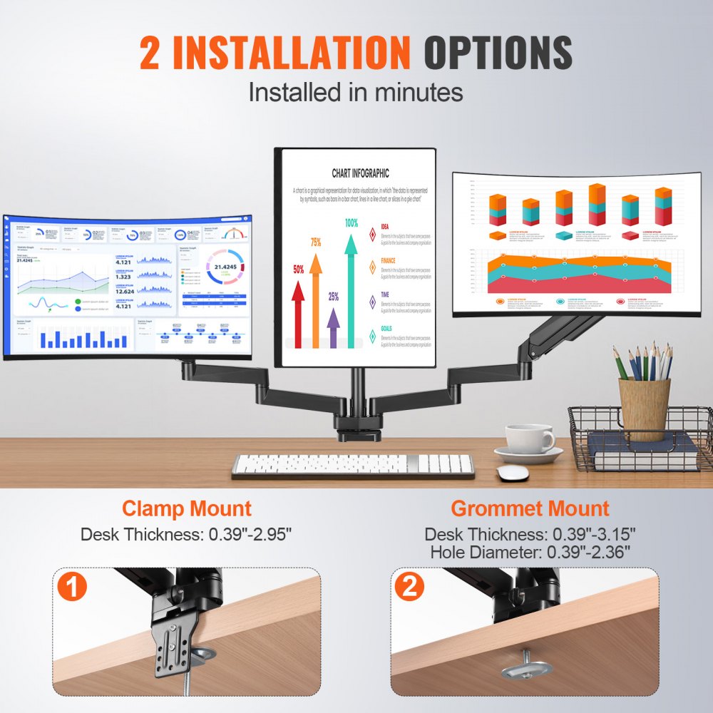 VEVOR Triple Monitor Mount, Supports 13"-27" Screens, Fully Adjustable Gas Spring Monitor Arm, Holds up to 20 lbs per Arm, Triple Monitor Stand with C-Clamp/Grommet Mounting Base, VESA Mount 75/100 mm