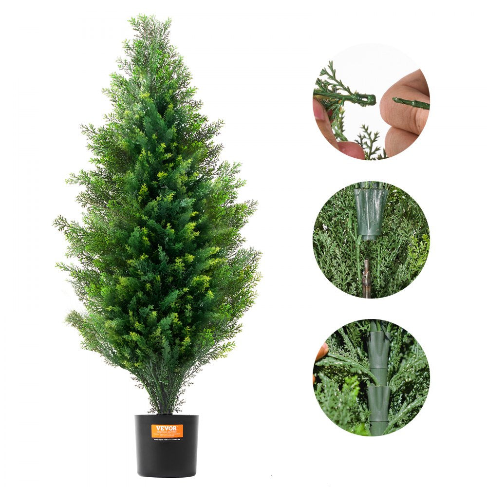 VEVOR Artificial Cedar Topiary Tree, 36 inch Tall (2 Pieces), with Extra Leaves & Pot Faux Evergreen Fake Pine Cypress Trees Plant, UV Rated Artificial Greenery Set for Home Decor Indoor/Outdoor