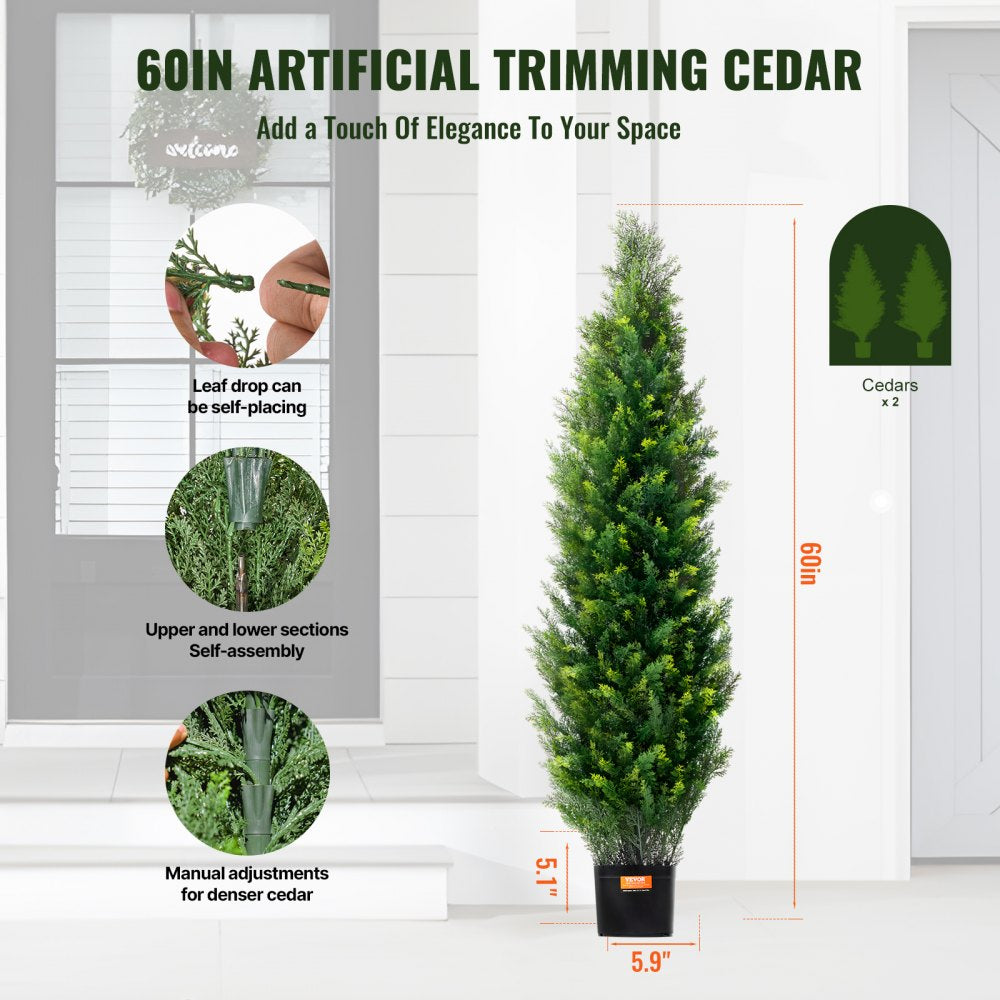VEVOR Artificial Cedar Topiary Tree, 60 inch Tall (2 Pieces), with Extra Leaves & Pot Faux Evergreen Fake Pine Cypress Trees Plant, UV Rated Artificial Greenery Set for Home Decor Indoor/Outdoor