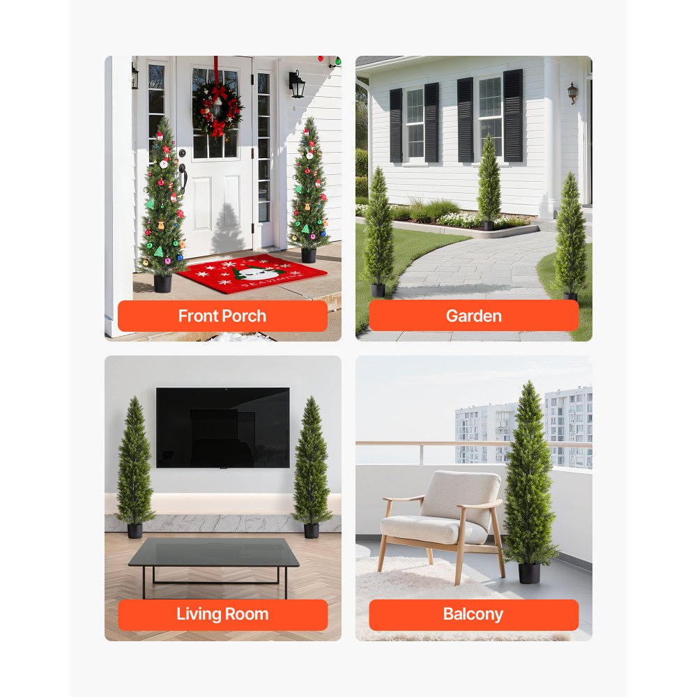 VEVOR Artificial Topiary Cedar Trees, 60 inch 2 Set Faux Pine Shrubs Plants, Fake Silk Tree Look Real, Easy Assembly for Decor Front Porch Outdoor Patio Garden Balcony Backyard Indoor Office