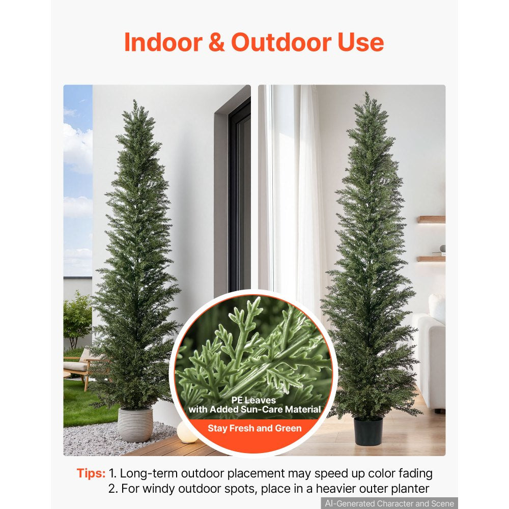 VEVOR Artificial Topiary Cedar Tree 8 Ft Set of 2 with Pot Greenery Decor, Premium PE Fake Trees, Year-Round Indoor & Outdoor Faux Green Plant for Front Door, Entryway, Porch, Balcony, Patio, Garden