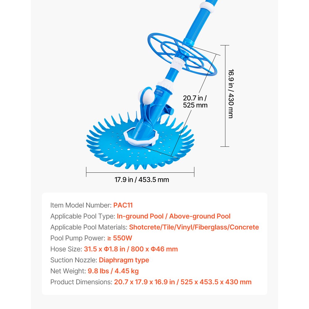VEVOR Suction Pool Cleaner, Automatic Pool Vacuum Cleaner, Suction Side Automatic Pool Cleaner, Suction Vacuum Pool Sweeper with 12 Hoses, for In-ground Pool and Above-ground Pool Up to 20 x 35 ft