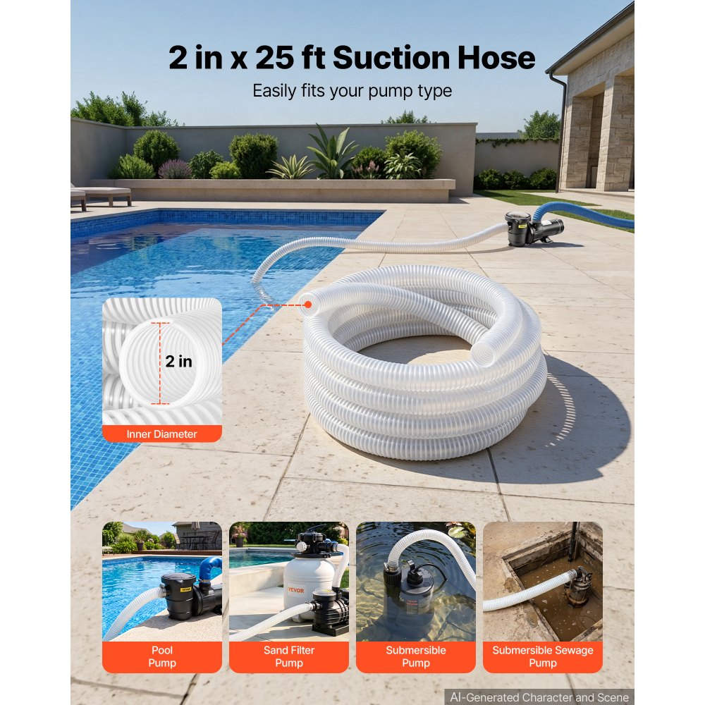 VEVOR Suction Hose 2" x 25 ft Heavy Duty PVC Suction Pump Hose Assembly, for Swimming Pools Trash Pump, Water Transfer, High Pressure Resistance, Weather-Proof & Burst-Resistant, with Clamps, White