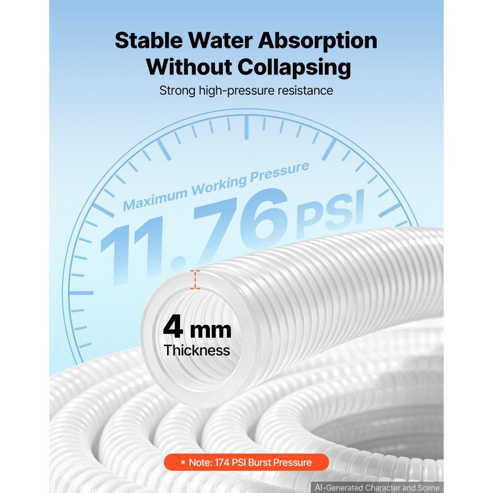 VEVOR Suction Hose 2" x 25 ft Heavy Duty PVC Suction Pump Hose Assembly, for Swimming Pools Trash Pump, Water Transfer, High Pressure Resistance, Weather-Proof & Burst-Resistant, with Clamps, White