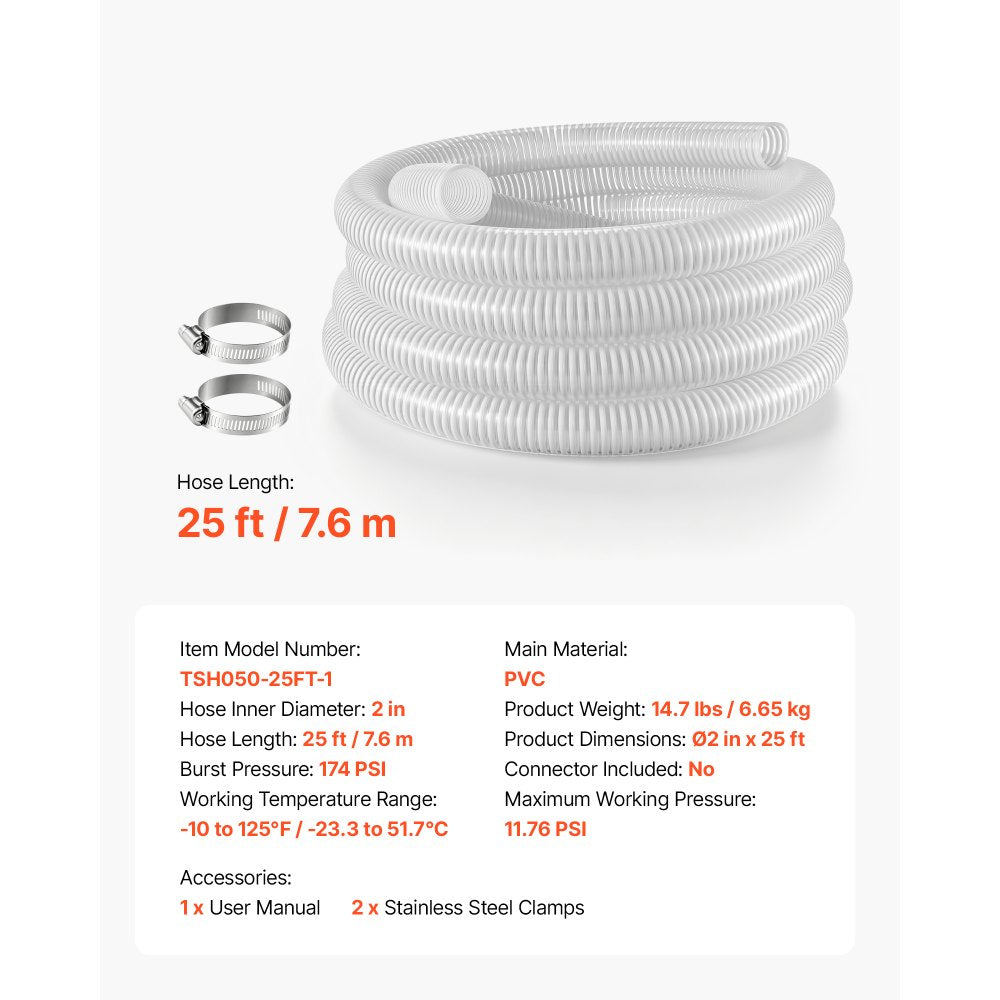 VEVOR Suction Hose 2" x 25 ft Heavy Duty PVC Suction Pump Hose Assembly, for Swimming Pools Trash Pump, Water Transfer, High Pressure Resistance, Weather-Proof & Burst-Resistant, with Clamps, White