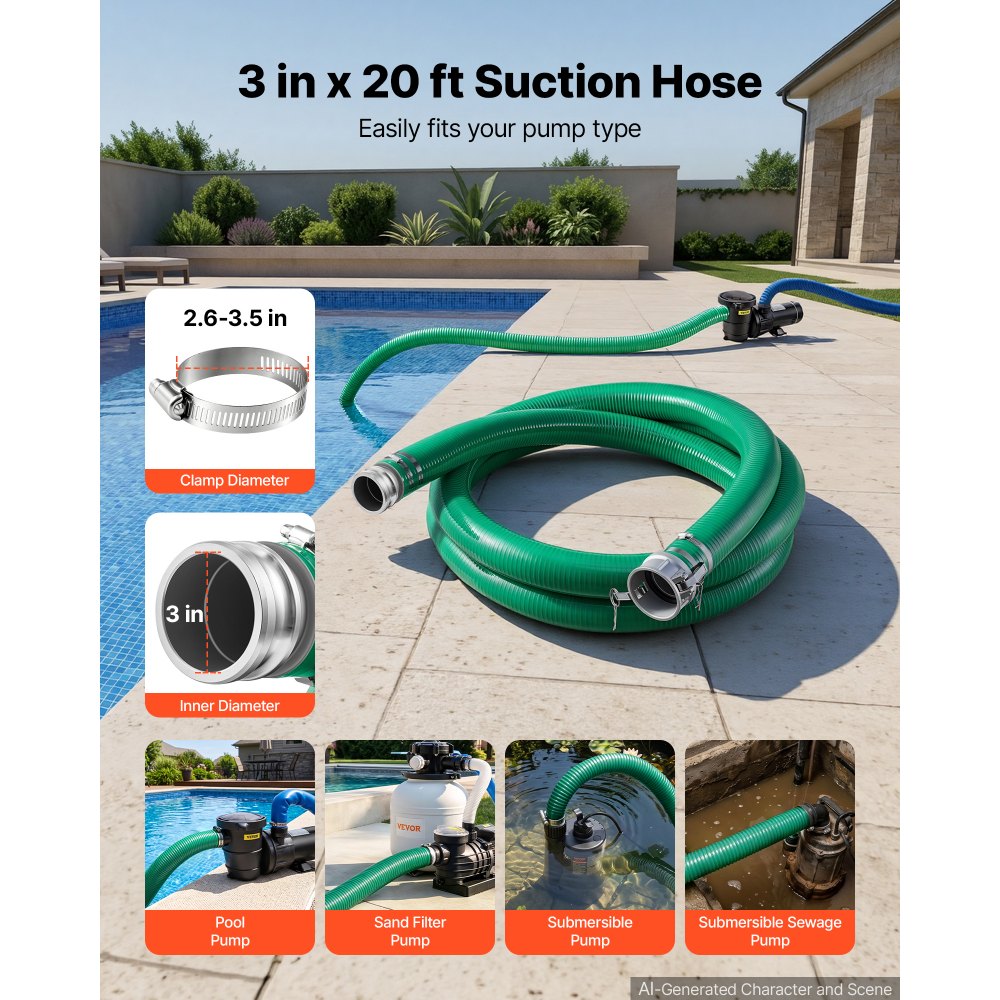 VEVOR Suction Hose 3" x 20 ft Heavy Duty PVC Suction Pump Hose Assembly, for Swimming Pool Trash Pump, 60 PSI Max Pressure, Weather & Burst-Resistant, Male x Female Cam and Groove Fittings, Green