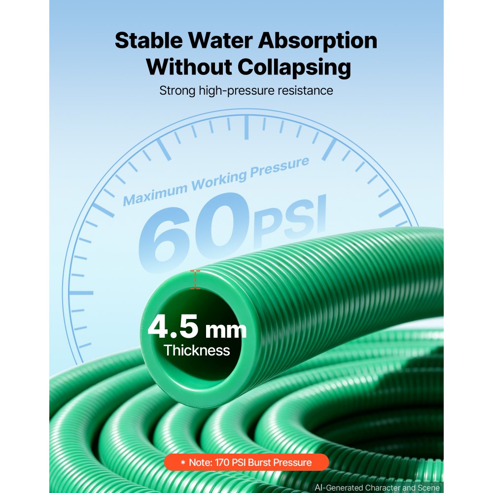 VEVOR Suction Hose 3" x 20 ft Heavy Duty PVC Suction Pump Hose Assembly, for Swimming Pool Trash Pump, 60 PSI Max Pressure, Weather & Burst-Resistant, Male x Female Cam and Groove Fittings, Green